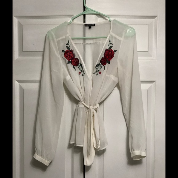 EXPRESS women’s sheer white blouse with embroidery print - Picture 5 of 7